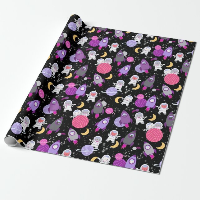 Papier Cadeau Space Kittens Cat Astronaut Girls Purple Anniversa (Déroulé)