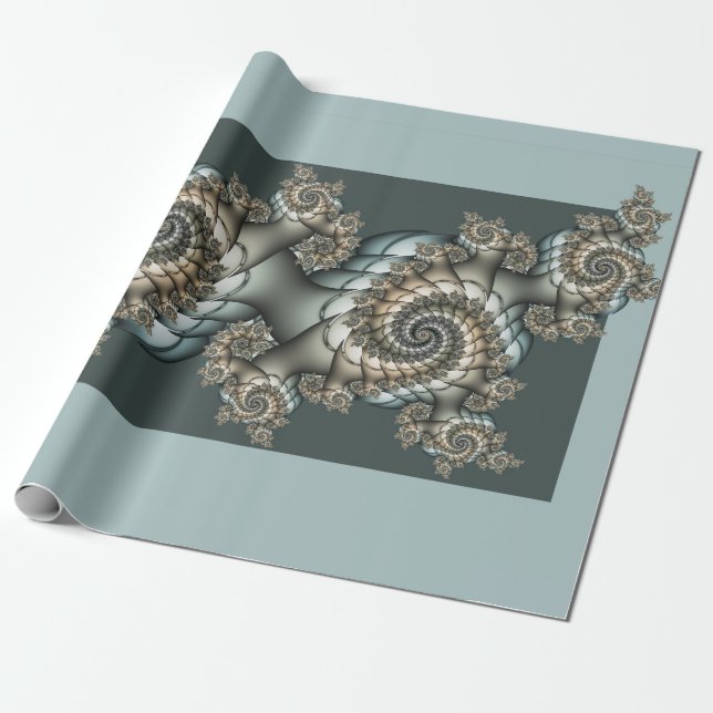 Papier Cadeau Spirales d'art fractal beige abstrait bleu clair (Déroulé)