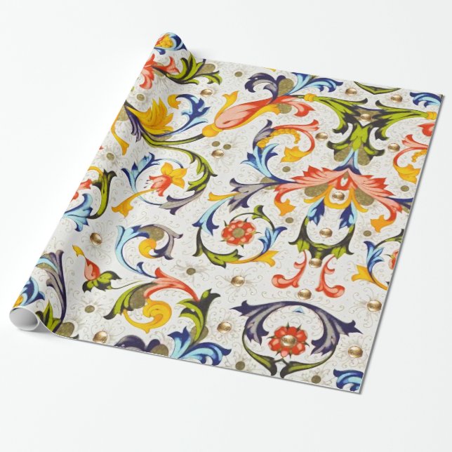 PAPIER CADEAU SPIRALES FLEURIES DE LA RENAISSANCE FLORENTINE,FLE (Déroulé)