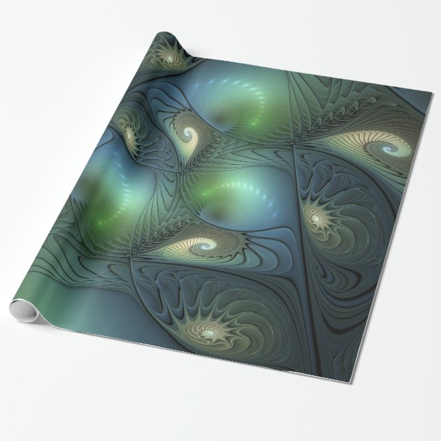 Papier Cadeau Spirales Turquoise Beige Vert Abstrait Fractal Art (Déroulé)