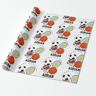 Papier Cadeau Sports Balls sportifs Nom personnalisé Anniversair