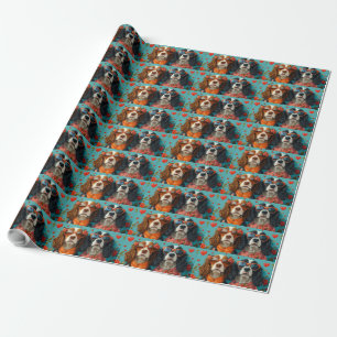 Papier Cadeau Springer Spaniel avec Roses de cœur pour la Saint-