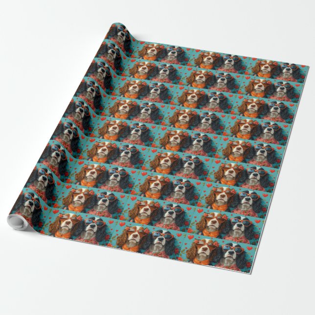 Papier Cadeau Springer Spaniel avec Roses de cœur pour la Saint- (Déroulé)
