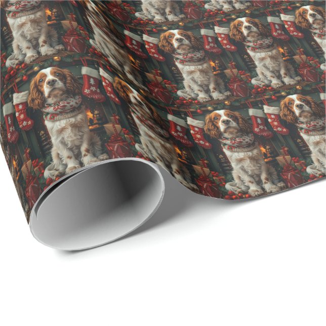 Papier Cadeau Springer Spaniel Chien Avec Cheminée Cadeau De Noë (Coin rond)