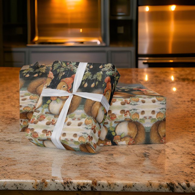 Papier Cadeau Sqiurrels de Noël Partager Nuts Holly (Créateur téléchargé)