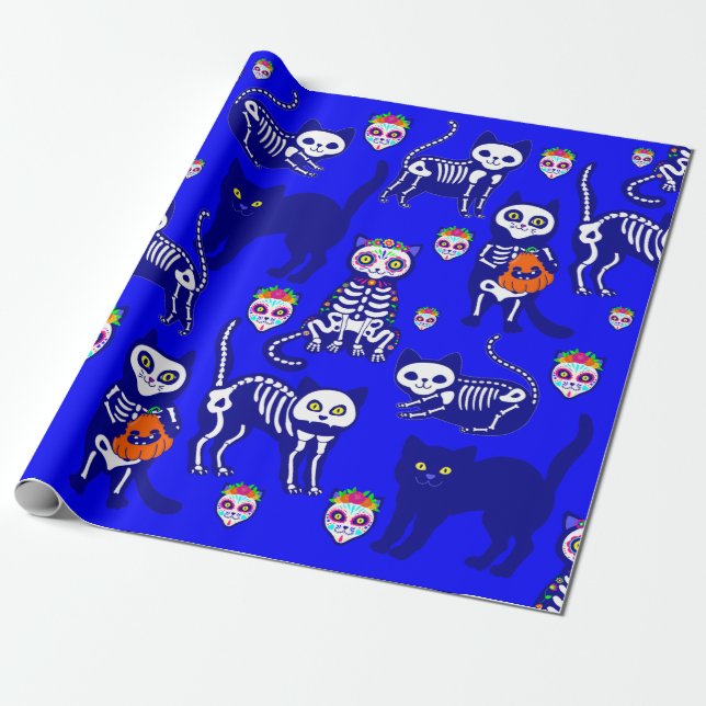 Papier Cadeau squelette du chat halloween bleu (Déroulé)