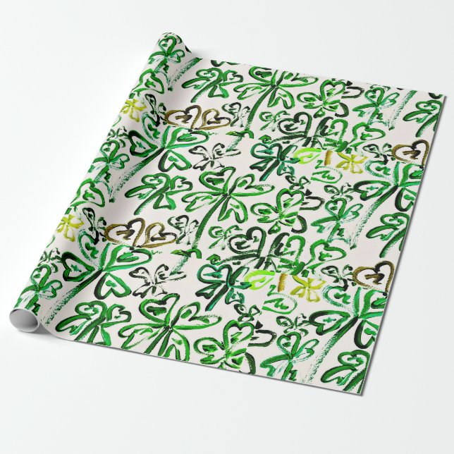 Papier Cadeau St Patrick's Day Green Clover Field Wrapping Paper (Déroulé)