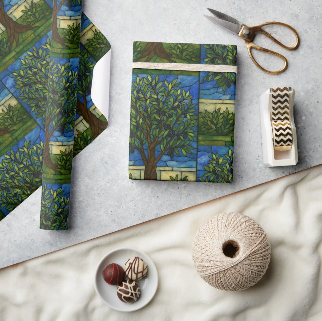 Papier Cadeau Stained Glass Olive Tree Wrapping Paper – Nature  (Artisanat)