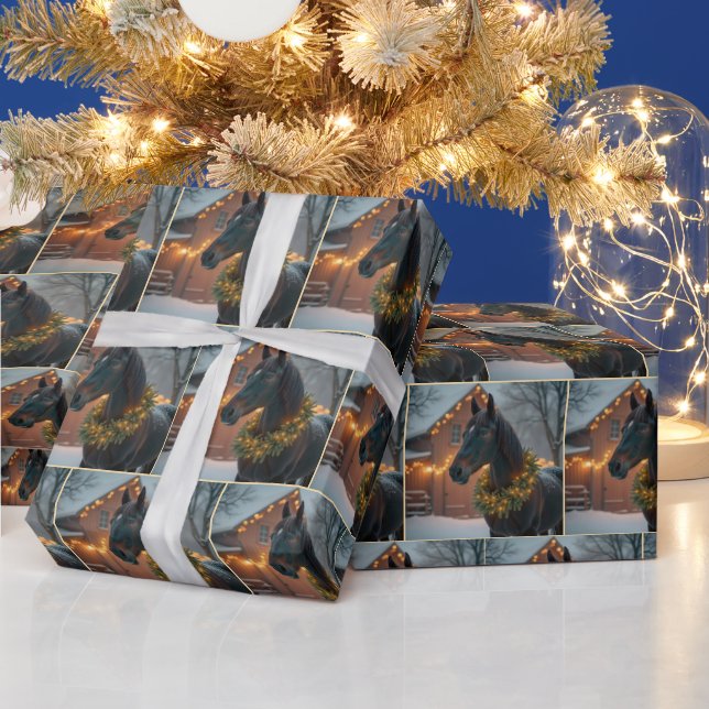 Papier Cadeau Stallion portant une couronne de Noël éclairée (Vacances)
