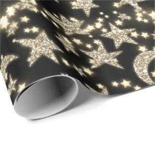 Papier Cadeau Star Moon Spark Night Galaxy Black Champaigne Gold