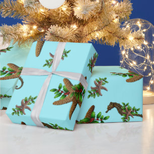 Papier Cadeau Starfish Chevaux de mer Motif Noël bleu clair