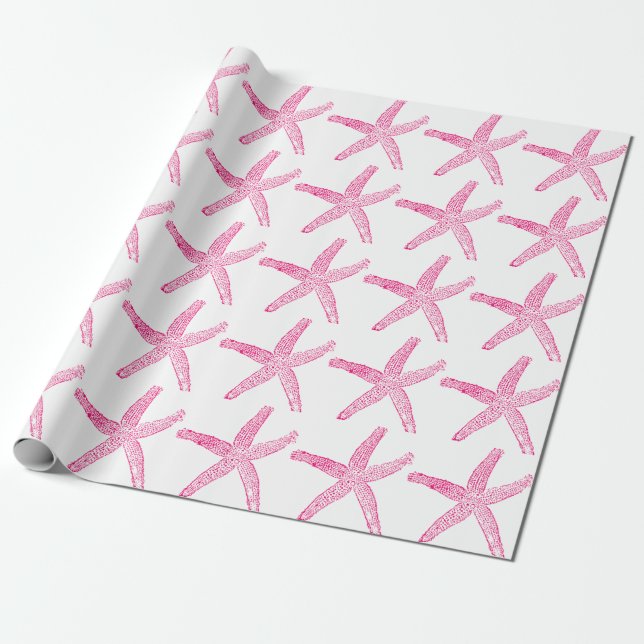 Papier Cadeau Starfish Motif Beach Côté Rose Chaud Blanc (Déroulé)