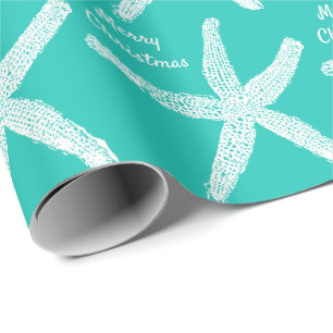 Papier Cadeau Starfish Motifs Turquoise blanc Joyeux Noël 2023