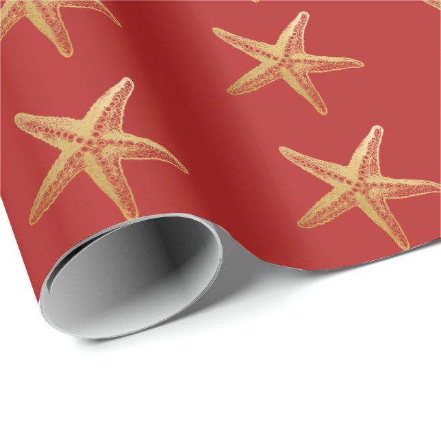 Papier Cadeau Starfish Red Gold Beach (Coin rond)