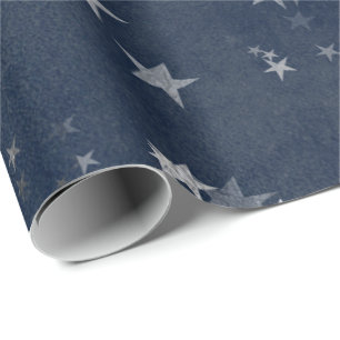 Papier Cadeau Starry Night Blue Navy Stars Grey Silver Confetti