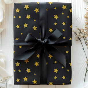 Papier Cadeau Stars Black Gold Fêtes Anniversaire Nouvel An