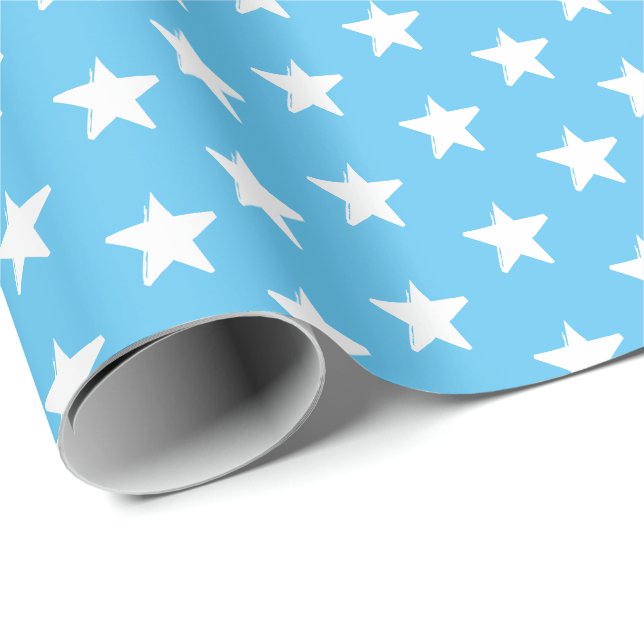 Papier Cadeau Stars bleu ciel et blanc motif moderne cadeau (Coin rond)