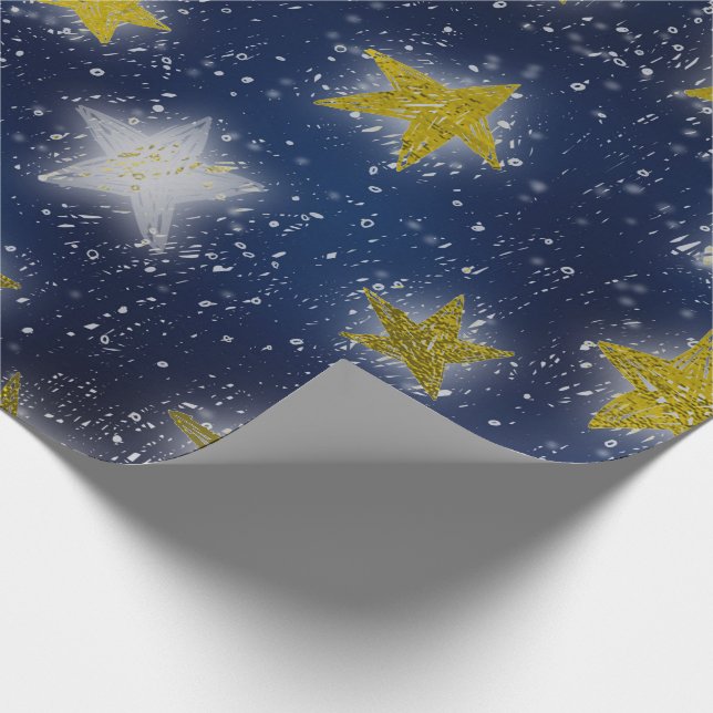 Papier Cadeau Stars Galaxy Sky Navy Blue Night Mustard Gold Fanc (Coin)