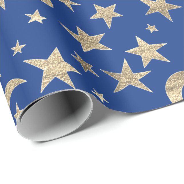 Papier Cadeau Stars Moon Blue Indigo Gold Metal Sky Champaiment (Coin rond)