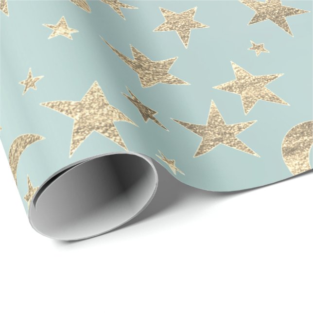Papier Cadeau Stars Moon Tiffany Aqua Gold Metal Sky Champaiment (Coin rond)