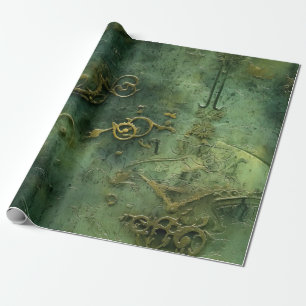 Papier Cadeau Steampunk Ancien Monde Engrenages Émeraude