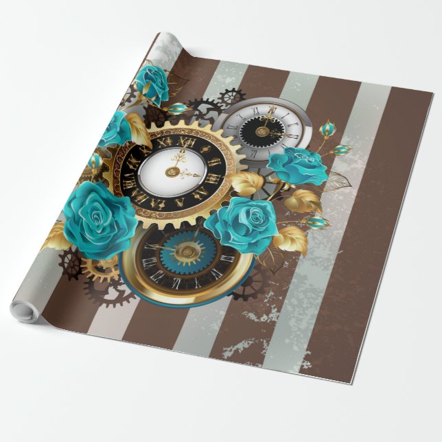 Papier Cadeau Steampunk Clock and Turquoise Roses on Striped (Déroulé)
