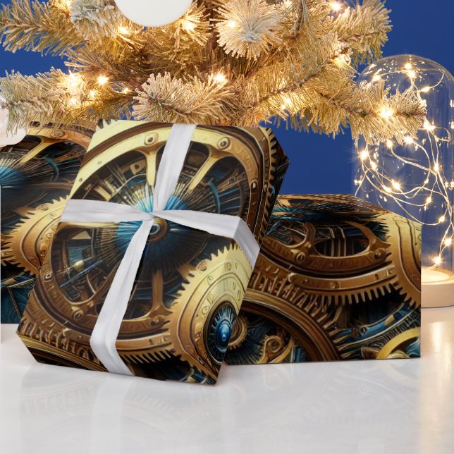 Papier Cadeau Steampunk Horkwork Or et Turquoise (Vacances)