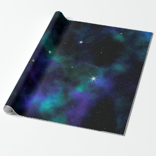 Papier Cadeau Stellaire cosmique bleu et vert de Galaxy