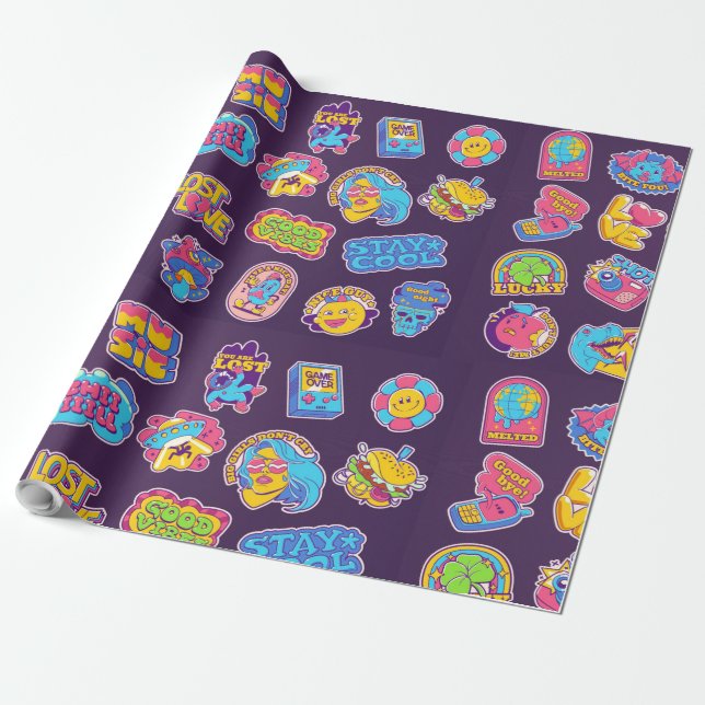 Papier Cadeau stickers et badges rétro tendance collection acide (Déroulé)
