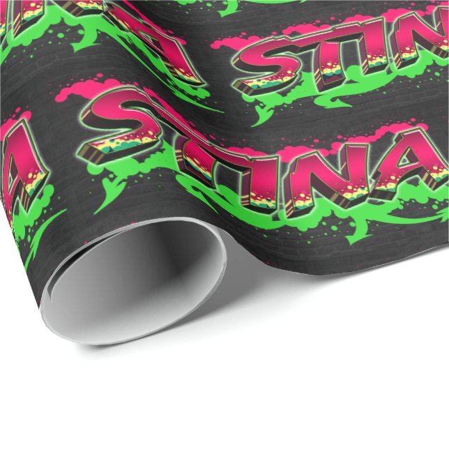Papier Cadeau Stina prénom nom graffiti rouge vert (Coin rond)