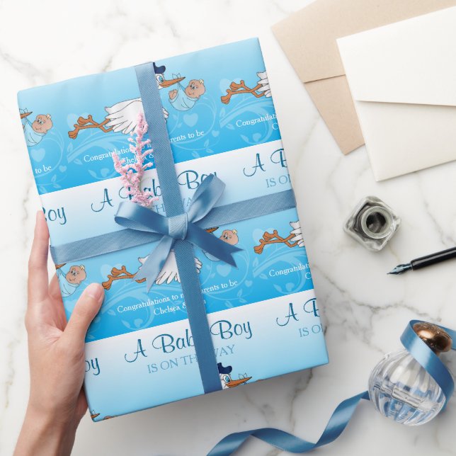 Papier Cadeau Stork avec un mignon petit bébé garçon (Cadeaux)