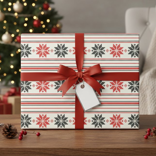 Papier Cadeau Stripe nordique de flocon de neige (Nordic Snowflake Stripe Wrapping Paper)