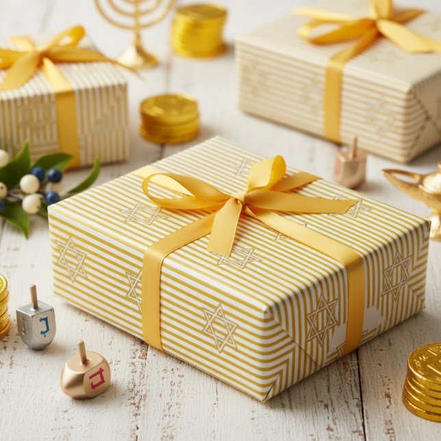 Papier Cadeau Striped Candle Flame Yellow Jewish Star of David (Jewish Gold Star Striped Candle Flame Yellow & White Pattern for Hanukkah, Bat Mitzvah, Mazel Tov)