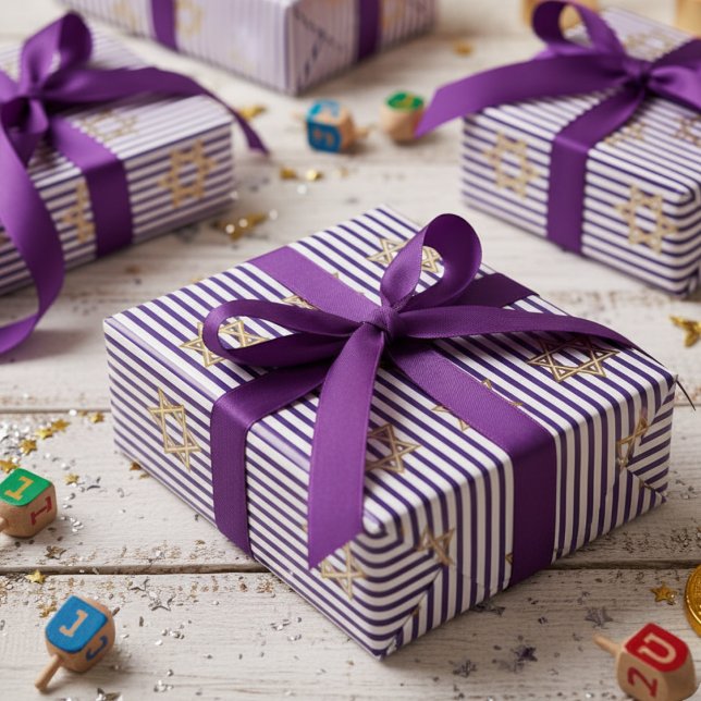 Papier Cadeau Striped Indigo Jewish Gold Star of David (Elegant Jewish Star of David Striped Indigo & White Pattern for Hanukkah, Bat Mitzvah, Mazel Tov)