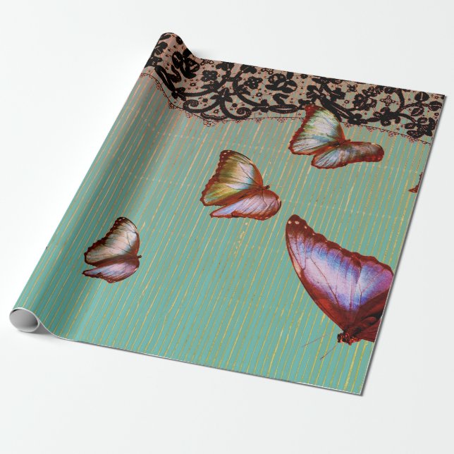 PAPIER CADEAU STRIPES FAISÉES EN LACE VERTE ET BOUTTERFLIES (Déroulé)