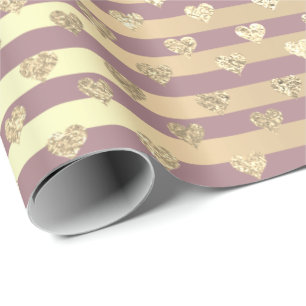 Papier Cadeau Stripes Lignes Coeur Champaigne Or Mauve Lavande