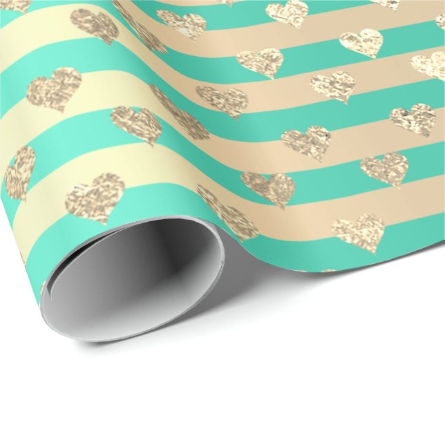 Papier Cadeau Stripes Lignes Coeurs Champaigne Gold Mint (Coin rond)