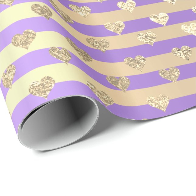 Papier Cadeau Stripes Lignes Coeurs Champaigne Gold Purple (Coin rond)