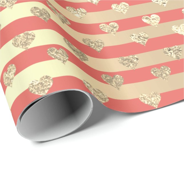 Papier Cadeau Stripes Lignes Coeurs Champaigne Or Coral Peach (Coin rond)