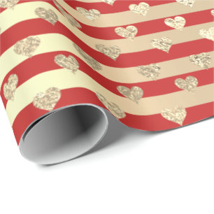 Papier Cadeau Stripes Lignes Coeurs Champaigne Or Rouge Lumineux