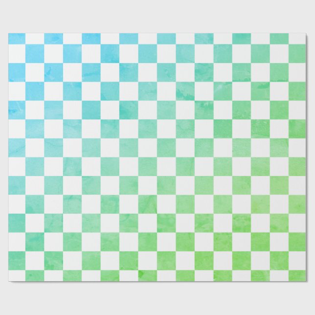 Papier Cadeau Style Antique Blanc Bleu et Vert Damier  (Plat)