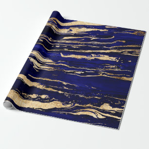 Papier Cadeau Style Bleu & Or Abstrait Marbleisé Peinture