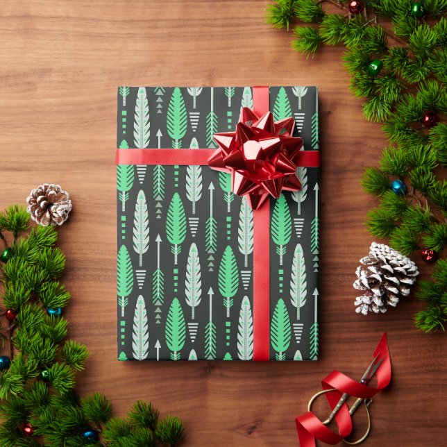 Papier Cadeau style boho rétro ethnique motif plume verte (Cadeau de vacances)