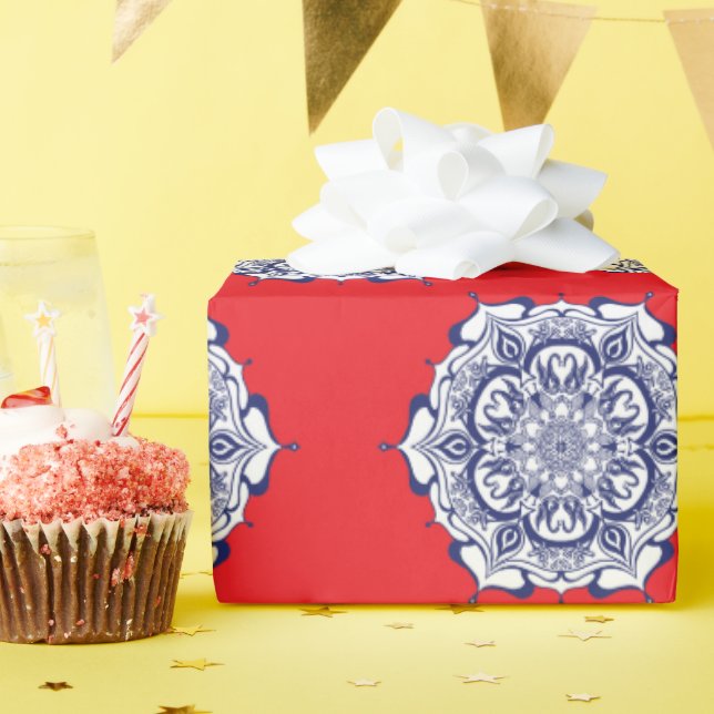 Papier Cadeau Style Chine bleue avec des créatures (Fête d'anniversaire)