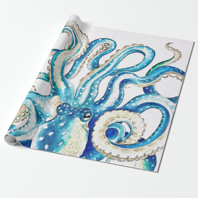 Papier Cadeau Style comique de poulpe bleu (Déroulé)