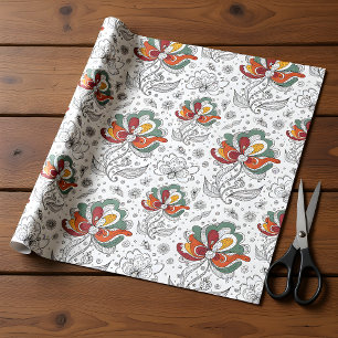 Papier Cadeau Style d'art abstrait floral doodle vert rouge jaun