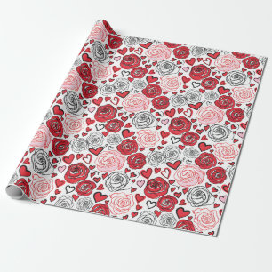Papier Cadeau Style d'art gribouillé Roses rouges roses cœurs Sa