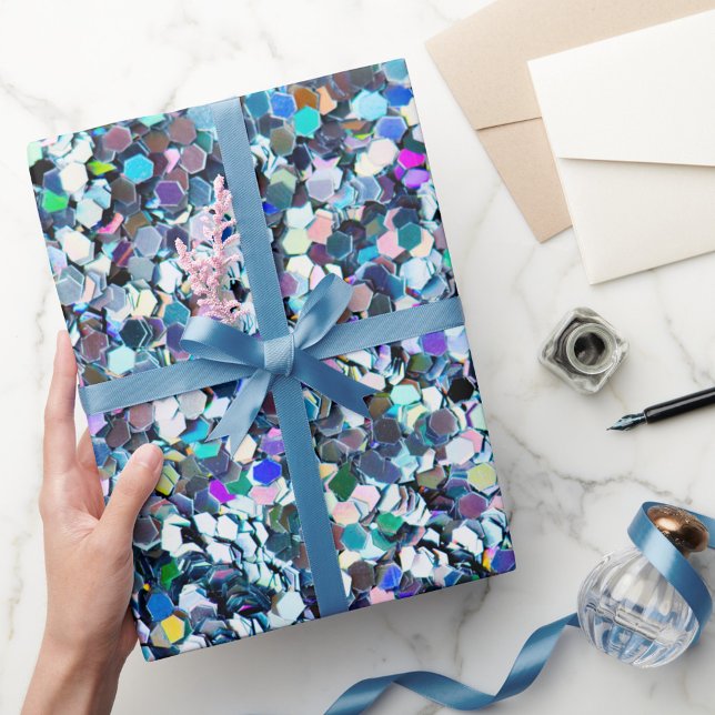 Papier Cadeau Style de parties scintillant (A vibrant roll of wrapping paper covered in colorful shimmering confetti patterns. )