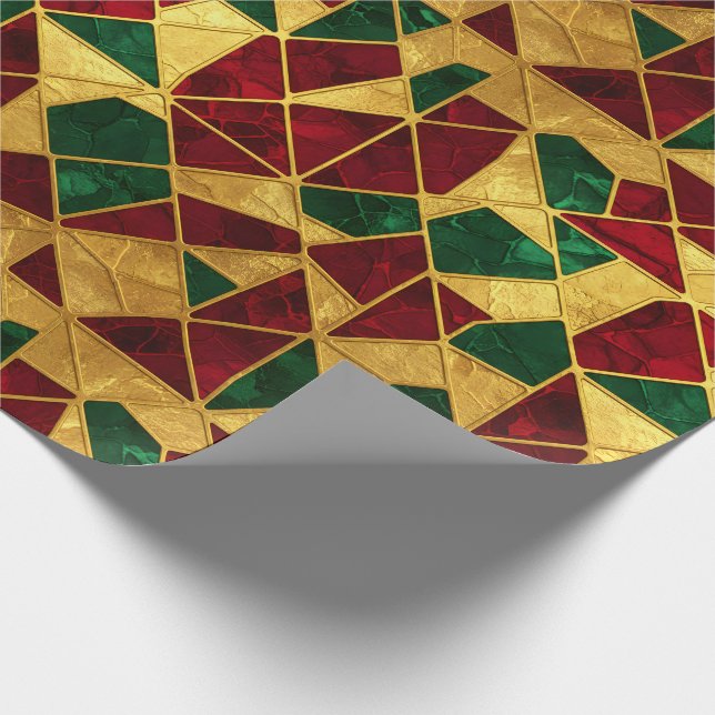 Papier Cadeau Style de vitrail Noël Rouge Vert Or  (Coin)