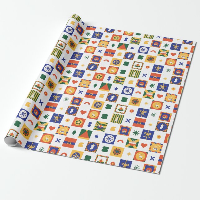 Papier Cadeau Style géométrique orange bleu vert à Noël (Déroulé)
